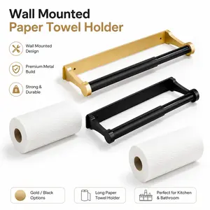 Wall-Mounted Paper Towel Holder, Aluminum Kitchen Paper Towel Rack, No Drilling — Adhesive or Screw Mounting, Space-Saving Paper Towel Roll Holder for Kitchen, Bathroom, Pantry, Black/Gold