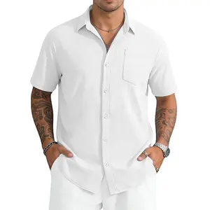 Men's Summer Loose Cardigan Solid Color Casual Stand-up Collar Beach Short-sleeved Shirt Menswear Top