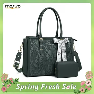 MOSISO 15.6-17.3 inch Laptop Tote Bag for Women, PU Leather Waterproof Work Bag with 3 Compartments, Padded Laptop Section, With Clutch Purse & Silk Scarf, Fits MacBook/Dell/HP, Ideal for Office/Business/Travel, Retro Hibiscus Pattern