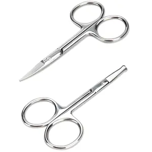 Facial Hair Small Grooming Scissors For Men Women - Eyebrow, Nose Hair, Mustache, Beard, Eyelashes, Ear Trimming Kit - Curved and Rounded Safety Tip Clippers For Hair Cutting - 2PCS Silver