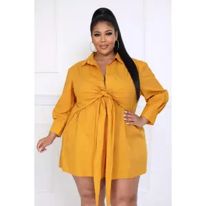 PLUS SIZE" ALL TIED UP BIG BOW SHIRT DRESS" MUSTARD-15
