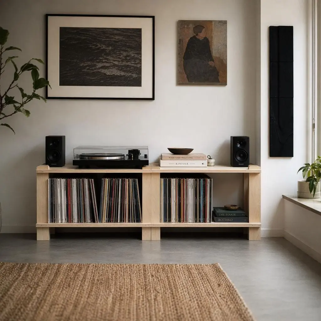 Modular Birch Plywood Record Player Stand, Mid-Century Vinyl Storage, Tool-Free Assembly
