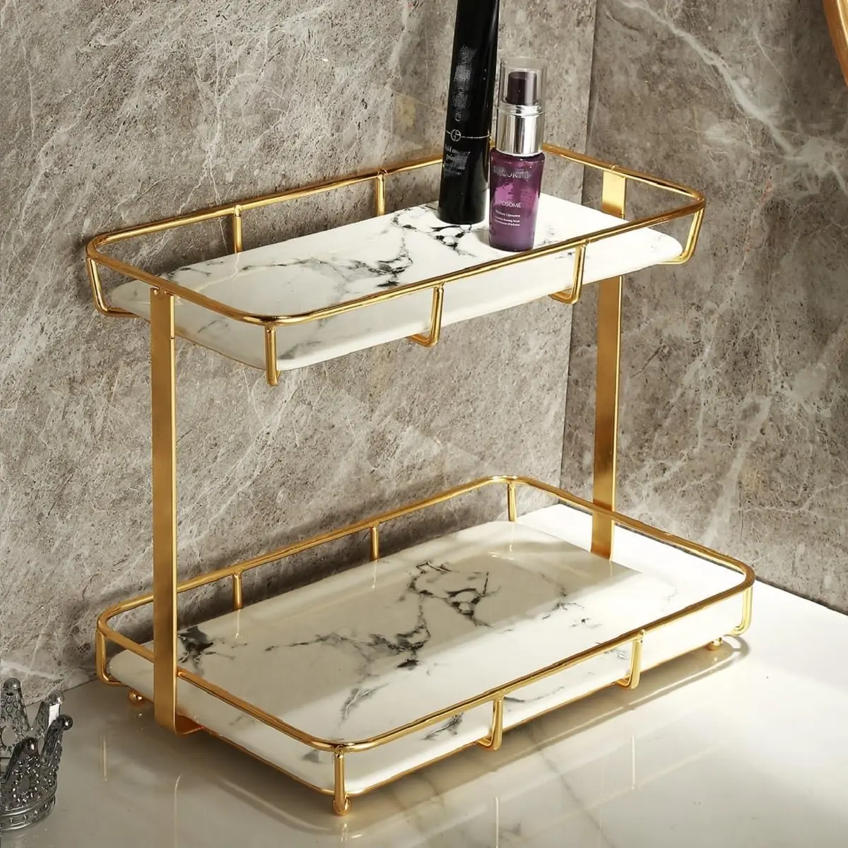 Bathroom Organizer Countertop Perfume Organizer Makeup Organizer Cosmetics Storage Display Rack Vanity Tray Dresser Stainless Steel Gold Shelf White Marble Ceramic Tray (L-Gold)
