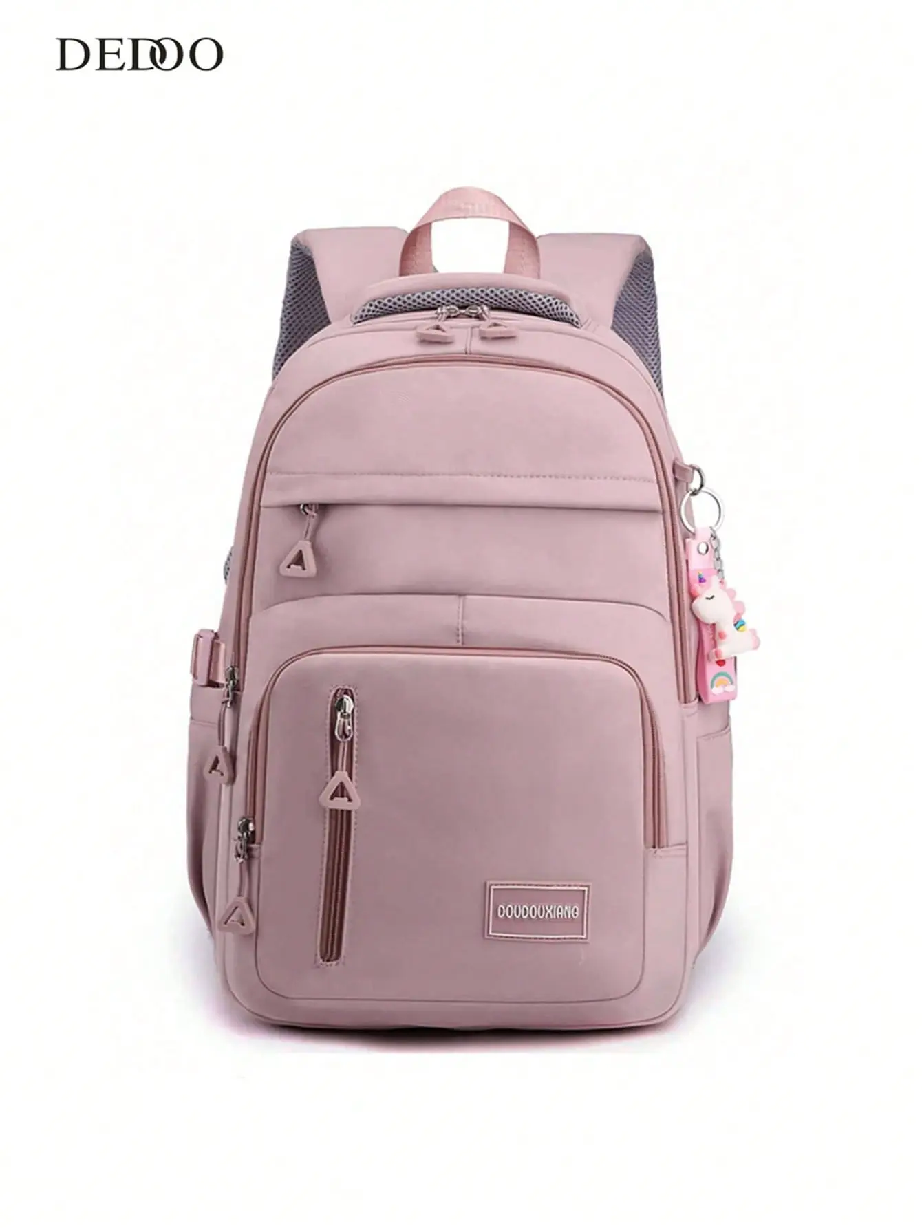 Light Pink Multi-Pocket Nylon Backpack for Girls, Cute Casual School Bookbag with Unicorn Pendant, Breathable Padded Shoulder Strap Laptop Rucksack, Waterproof Large Capacity Daypack for Teen Students Travel Daily Use