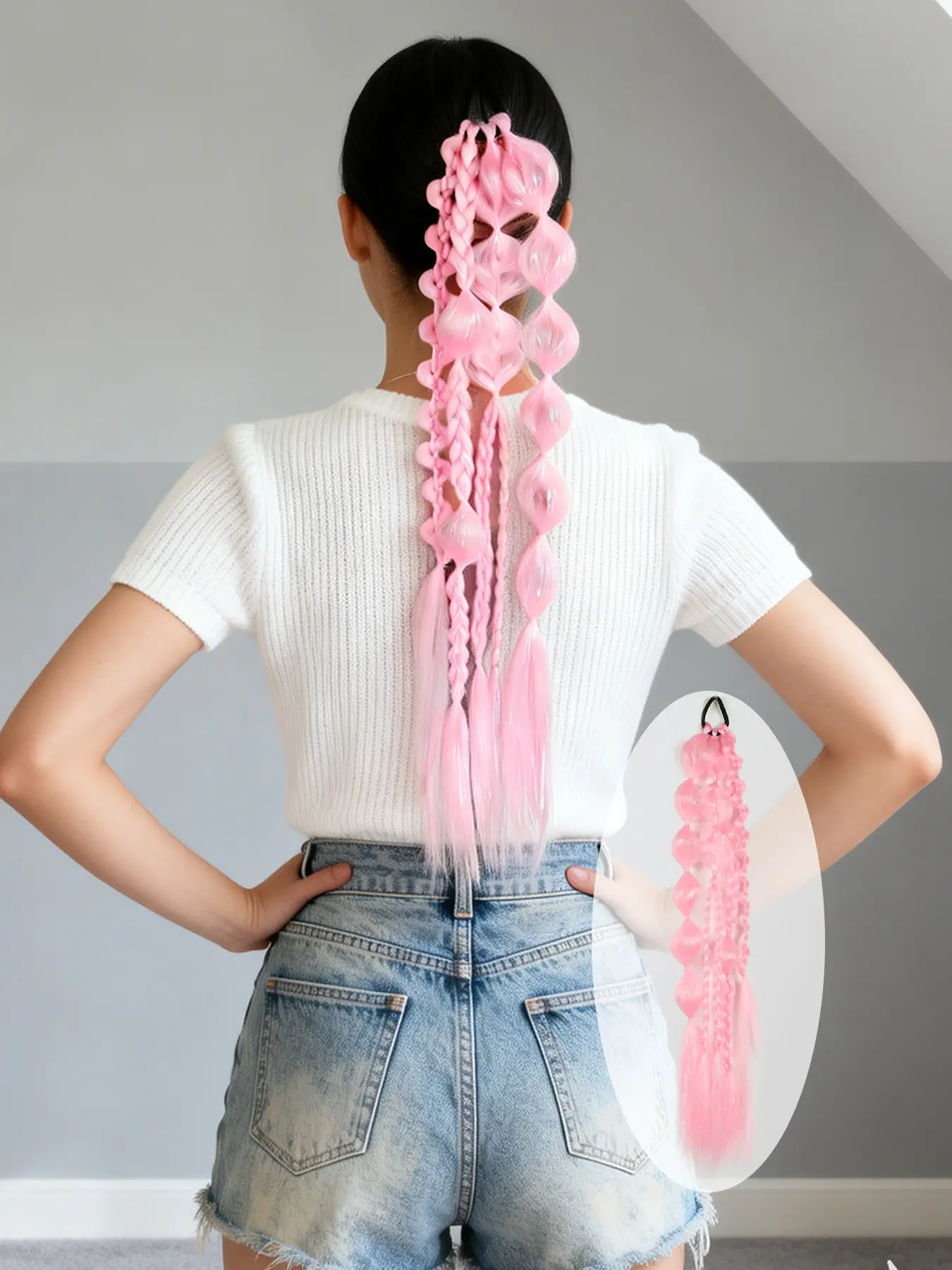 1pc Long Pink Blue Green Yellow MulticolorTinsel Hair Braided Ponytail＋Bubble Ponytail Extension for Women ,Y2k Hair Ponytail,22 Inch Wrap Around Ponytail Afro Puff Ponytail Style Hair Extensions ,Curly Braided Straight Textured Hairband Ponytails
