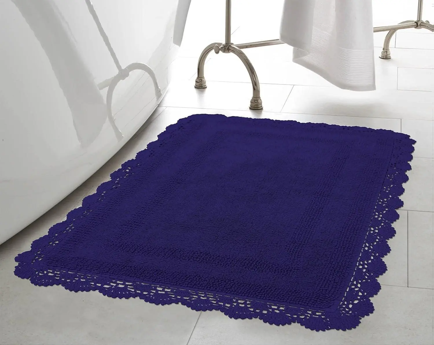 Laura Ashley Absorbent Bath Mat Reversible Crochet Soft and Plush 100% Cotton 24x40 Indigo Blue Machine Washable Classic Chic Design