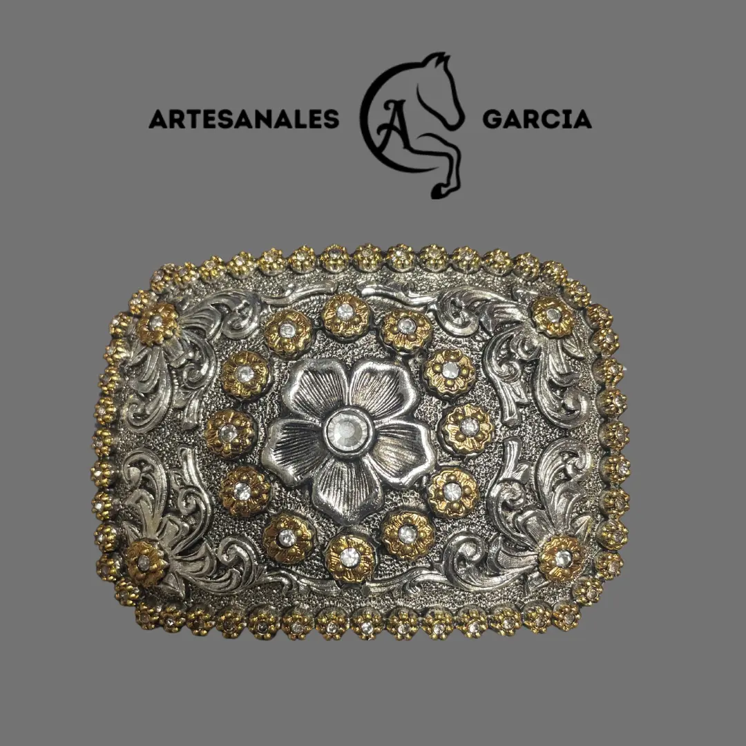 Artesanales Garcia Western Buckle Alpaca Rustic Rhinestone Decorated Belt with Big Flower Design Handmade Statement Belts