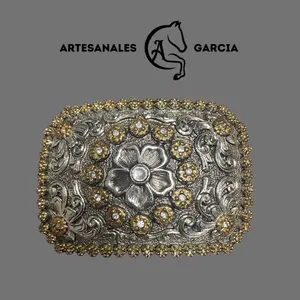 Artesanales Garcia Western Buckle Alpaca Rustic Rhinestone Decorated Belt with Big Flower Design Handmade Statement Belts