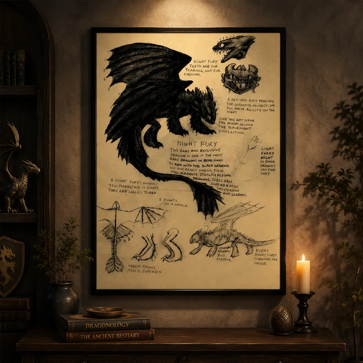 How to Train Your Dragon Poster,Vintage hand-drawn Toothless dragon anatomy framed canvas, Whimsical fantasy decor for kids bedroom, playroom and nursery, fun accent for adventure themed children's spaces.