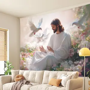 1pc Glam Style Polyester Jesus in Garden Tapestry, No Feathers, Electricity-Free, Versatile Indoor/Outdoor Decor, Ideal for Room, Living Room, Party Decoration, Unique Gift Idea