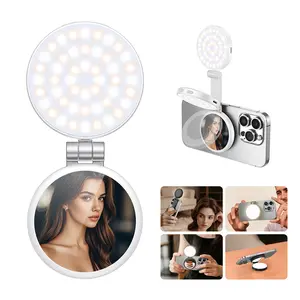 【Christmas Gift】3-in-1 Magnetic Mirror Selfie Light – 360° LED Ring Light with MagSafe, Mirror and Phone Stand, Portable Rechargeable Fill Light, 3 Color Temperatures for Makeup, Live Streaming, Video Calls, Gift, Compatible with iPhone 17