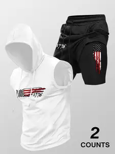 Two-Piece Set Men's American Flag Print Sleeveless Hooded Tank Top & Drawstring Waist Shorts, Regular Fit Casual Fashion Cozy Breathable Outfits for Summer, Men's Clothes, Menswear for Daily Wear, Activewear, Sportswear, Sport Athletic, Knit Clothing Sets