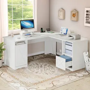 59 Inch L-Shaped Desk With Power Outlet & USB Ports Office Desk With File Cabinets Large Computer Desk With Drawers 2 Person Corner Desk Writing Desk With Storage Shelves