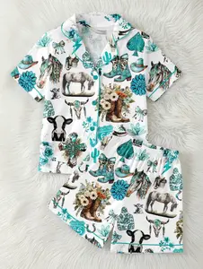 Western Cowgirl Pajama Set, Cowgirl Aesthetic Pajama Satin Set Turquoise Horses, Boots & Cactus Satin Pajamas