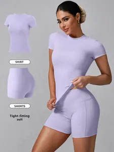 Women's Solid Ribbed Tee & High Waist Shorts Loungewear, Casual Comfy Round Neck Short Sleeve T-Shirt & Skinny Shorts PJ Set, Ladies Sleepwear for Summer, Pajama