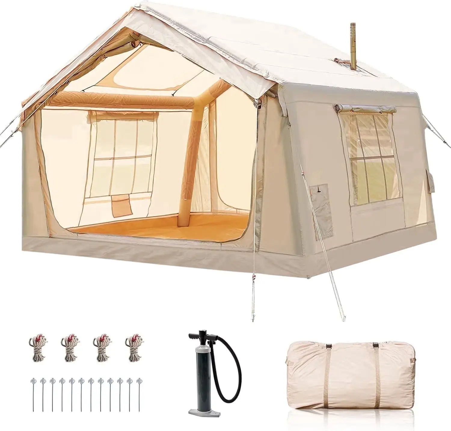Inflatable tent for 4-6 people with smoke vents, warm camping tent with hand pump, waterproof inflatable camping tent, easy-to-assemble inflatable house for luxury camping.