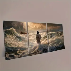 3-piece framed canvas wall painting of Jesus walking on water, depicting Christian Bible stories. Suitable for wall decoration, religious and spiritual posters, printed art pieces. Ideal for living rooms, bedrooms, and churches. Can be hung directly.