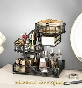 All-in-one Three-Tier Round Storage Rack - No assembly required, polished finish, multi-level metal cosmetic organiser. Modern skincare storage stand, lipstick bathroom countertop organiser. Tool-free fruit and vegetable basket, home décor.