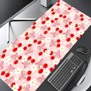 Cute Cherry & Daisy Desk Mat - Girly Aesthetic Office Decor Desk Accessories Large Gaming Mouse Pad, Decorative Desk Protection Mat, Non-Slip Rubber with Edge Lock, Ideal Gift for Kids & Teens