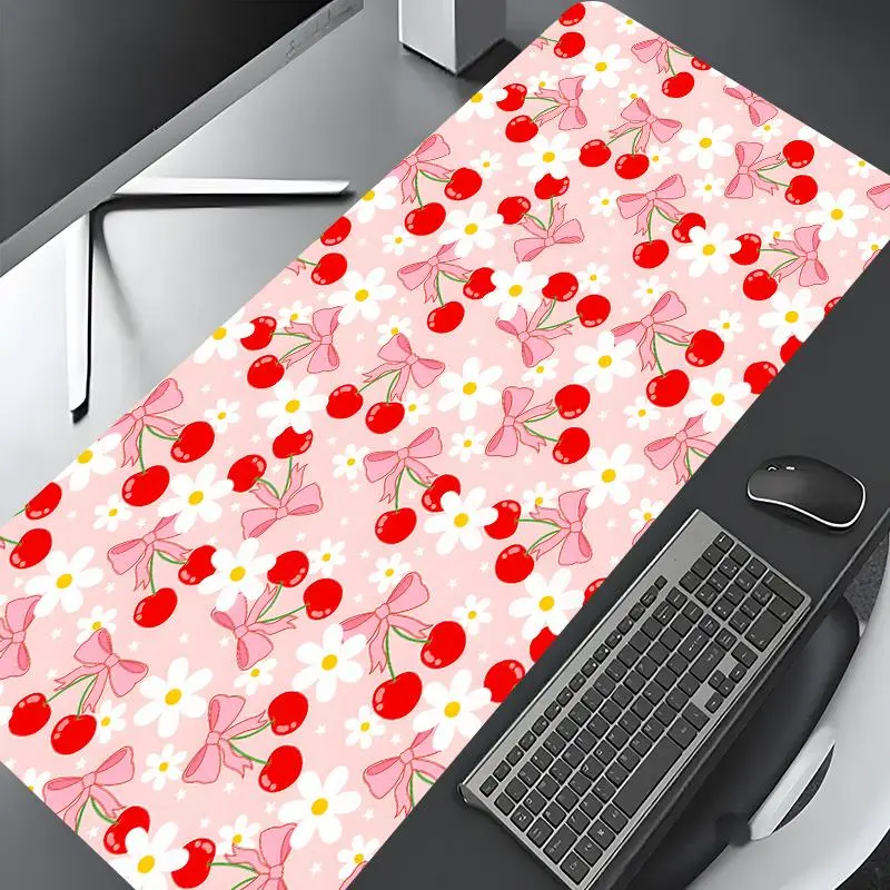 Cute Cherry & Daisy Desk Mat - Girly Aesthetic Office Decor Desk Accessories Large Gaming Mouse Pad, Decorative Desk Protection Mat, Non-Slip Rubber with Edge Lock, Ideal Gift for Kids & Teens, Desktop Accessory