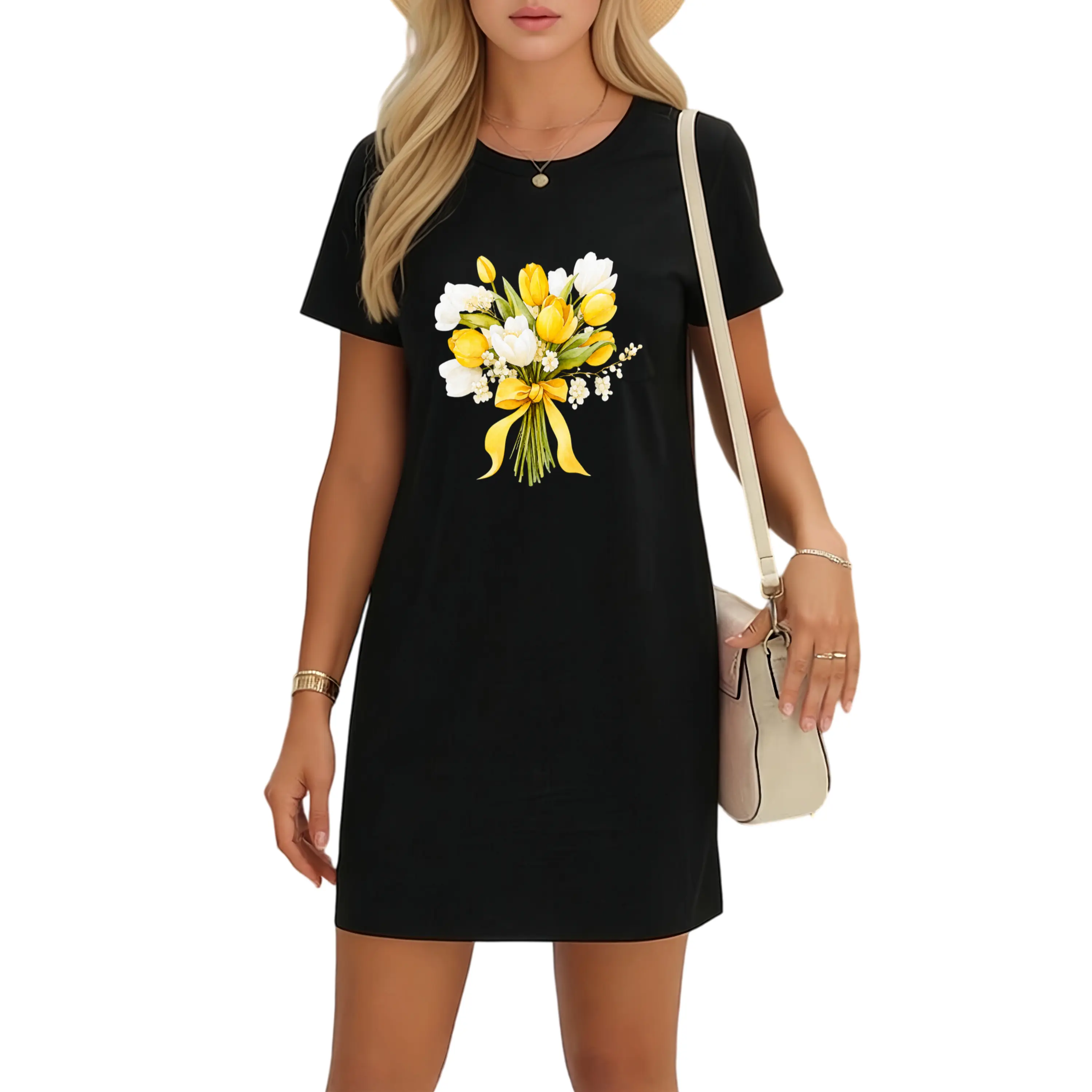 Plus Size Women’s T-Shirt Dress – Comfortable Stretch Fabric with Elegant Yellow & White Floral Print, Versatile Round Neck, Perfect Casual Black Dress for Mother’s Day, Sizes L-5XL