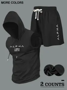 Two-piece Set Men's Letter Print Hooded Tank Top & Shorts Set, Regular Fit Sleeveless Top & Shorts, Casual Summer Clothes Set for Outdoor, Matching Sets, Summer Clothing Set