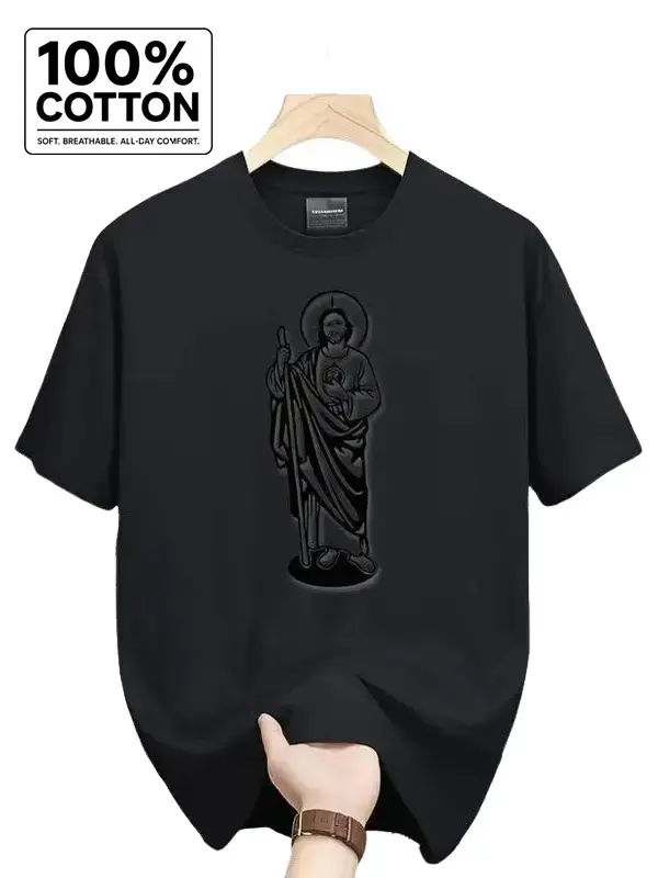 Local Store, T-shirts for men, Men's Shirts, Clothing for Men, T-shirts for men, White and black T-shirt featuring the image of Saint Judas Tadeo (180g), Religious Printing Design, High-Quality Printing, Cuello Redondo, Relaxed Setting Menswear Tshirt