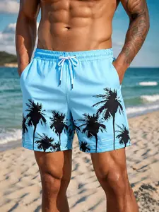 Men Beach Shorts with Blue White Wave Gradient Print and Black Palm Tree Silhouette, Relaxed Fit 5-Inch Length, Quick-Dry Fabric, Drawstring Waist, Invisible Side Pockets, Tropical Vacation Beach Outfit for Summer, Suitable for Beach,