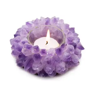 Handmade Natural Amethyst Cluster Quartz Crystal Healing Votive Candle Holder Gemstone Tealight Holder Home Decor Reiki Stone