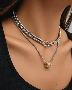 Two Tone Cuban Chain Necklace, Gold and Silver Mixed Metal Link Chain, Pavé Carabiner Pendant Necklace, Modern Statement Jewelry