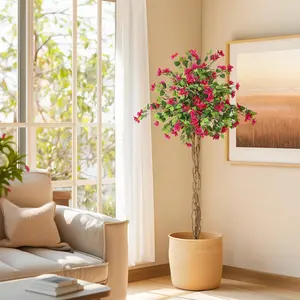 5FT Artificial Bougainvillea Tree, Tall Potted Artificial Plants Indoor, Faux Tree with Wood Trunk and Pink Flowers for Outdoor Decor Decorative