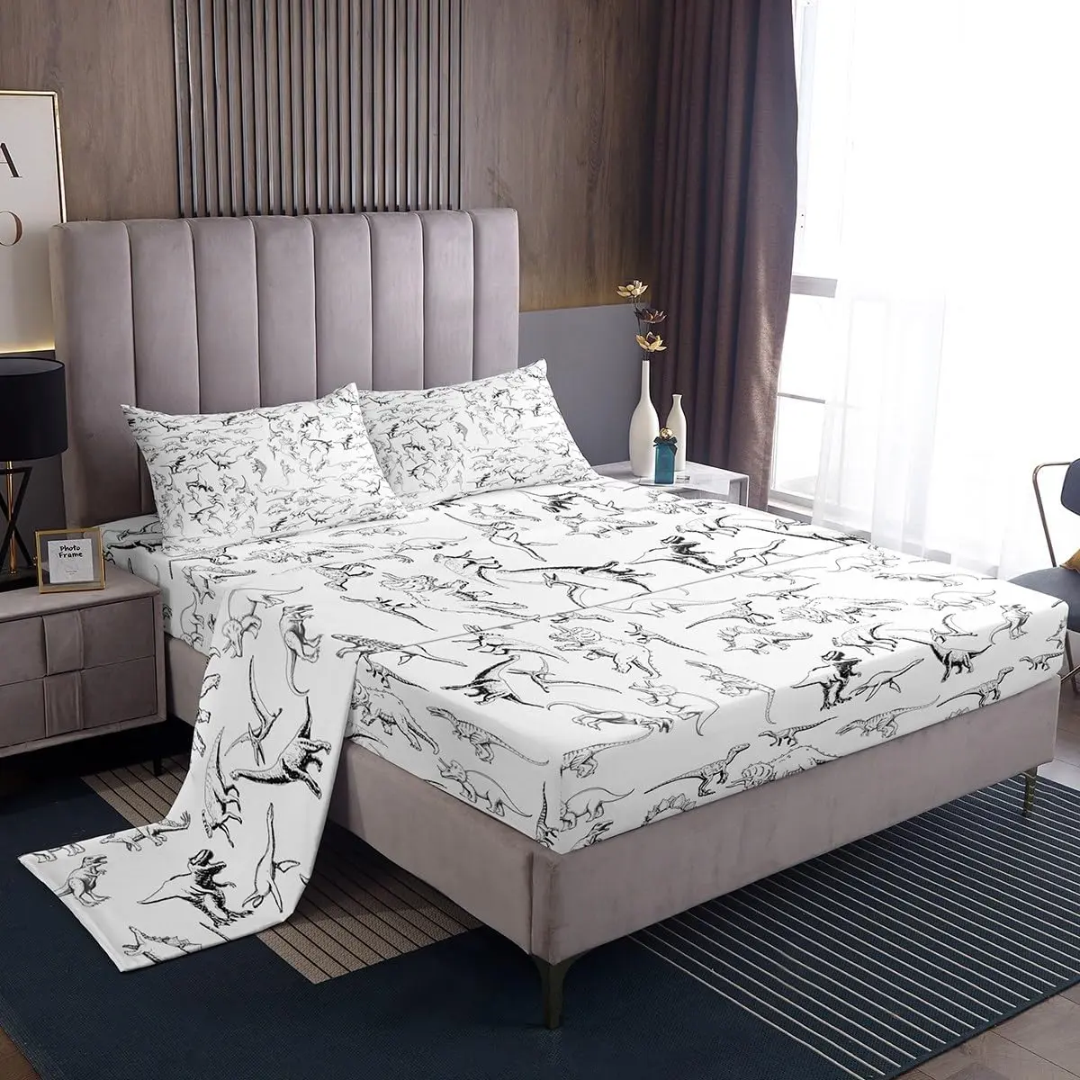 Feelyou Dinosaur 3D Digital Print Bedding Set - Black and White Wild Animal Themed, Deep-Pocket Fitted Sheet, Breathable Cover, Cool Soft Sheets, Durable Linens for Friends, Family, Kids’ Beds