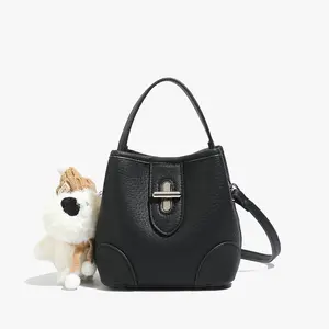 Vintage Leather Bucket Bag for Women, Minimalist Lock Buckle Crossbody Purse with Cute Plush Keychain, Small Handbag for Daily Casual & Work