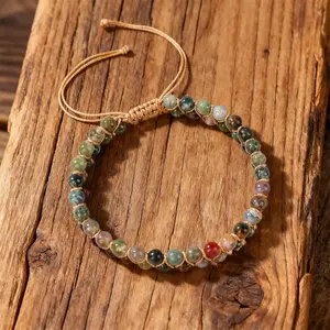 Natural Indian Agate Beaded Bracelet, Handmade Macrame Adjustable Woven Stone Bracelet, Boho Yoga Beaded Bracelet for Women Men, Nature Gemstone Jewelry Gift