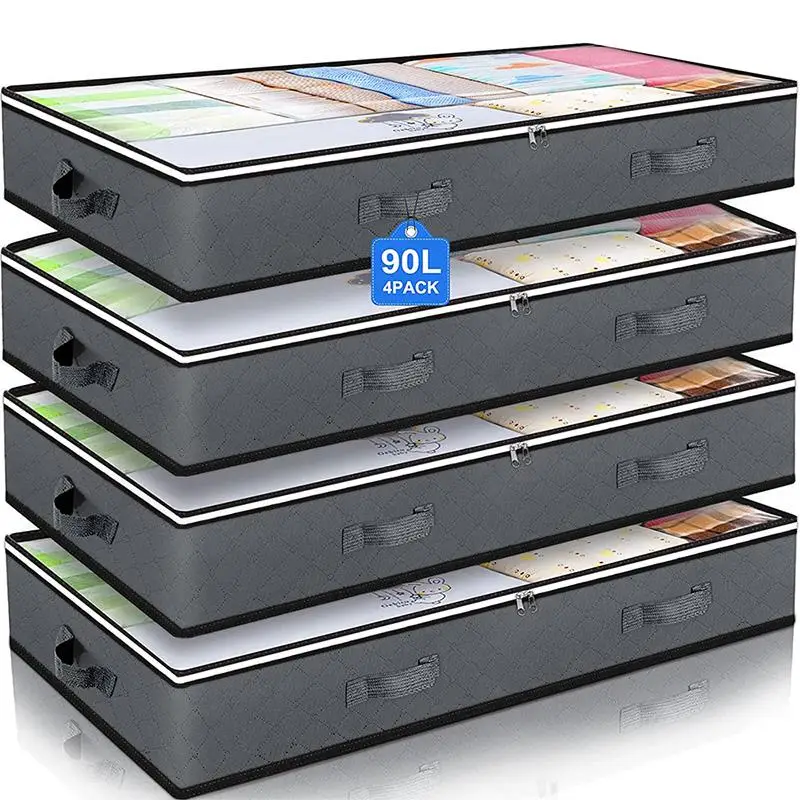 Foldable Storage Bag with Clear Window & Reinforced Handle, 4 Counts Bedroom Accessories Under Bed Zipper Storage Container, Kids Room Toy Room Organi