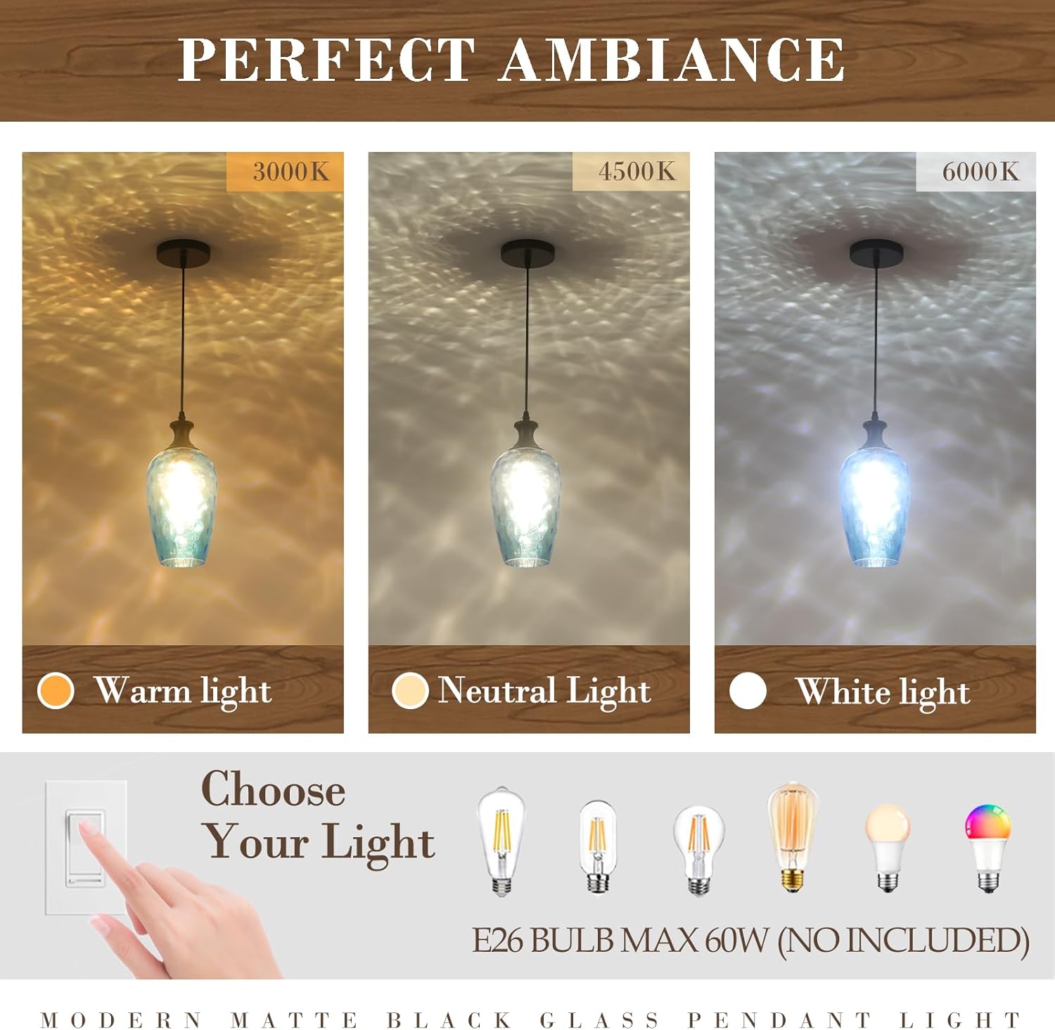 Glass Pendant Lights Kitchen Island, 1-Light Blue Pendant Light Fixtures with Hammered Glass Modern Farmhouse Hanging Light for Kitchen Sink Dining Room Bedroom