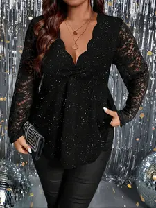 Elegant Plus Size Women's Long Sleeve V Neck Lace Loose Fit Knit Top, Sparkling Sequins Design, Casual Fashionable Ladies' Clothing, Womenswear