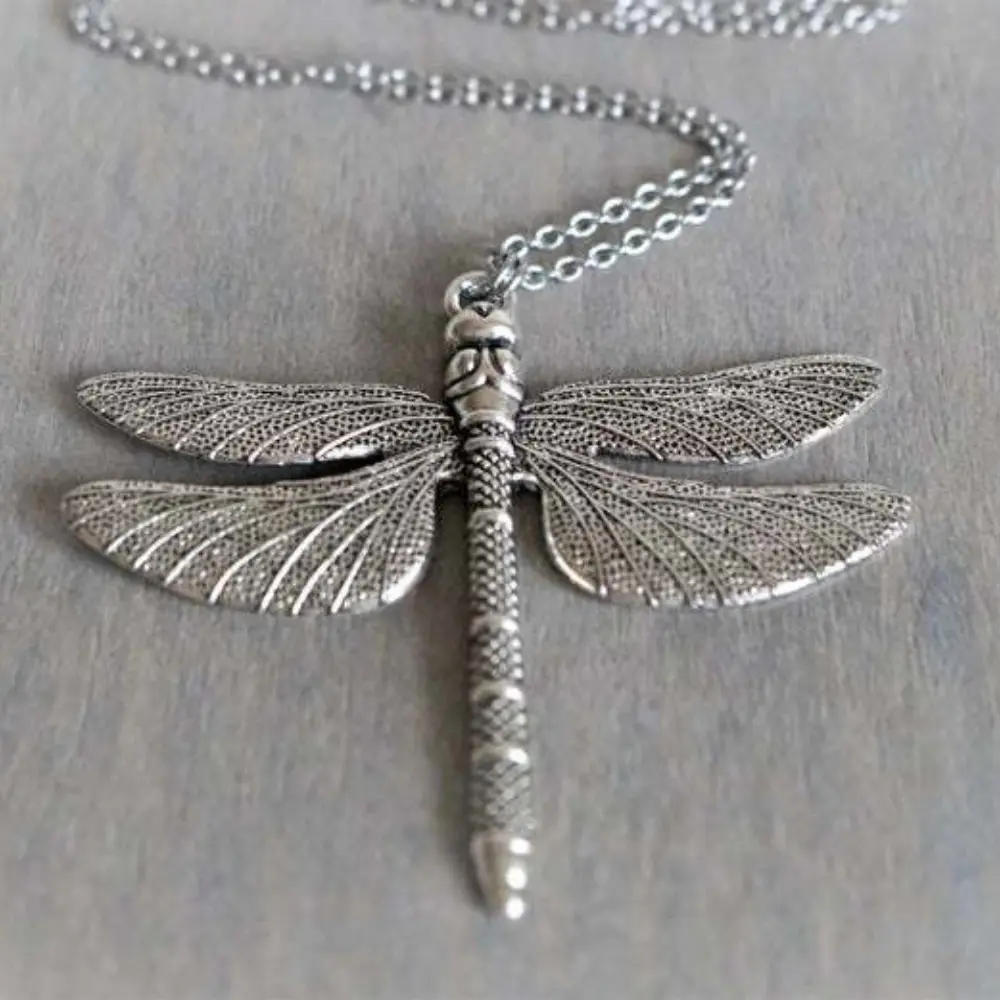 Large Dragonfly Necklace - Silver Color Dragonfly Pendant with Intricate Wing Details and  Boho Delicate Chain Design