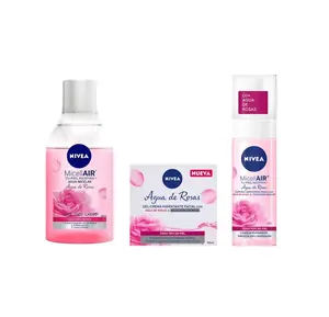 NIVEA Rosa Glow Set - Agua De Rosas Bundle from Mexico - Face Wash Foam, Micellar Water, and Cream Gel - 3-Step Rose-Infused Facial Care Set (3 PIECE BUNDLE, PINK MICELAR, WHITE BOX, FOAM)