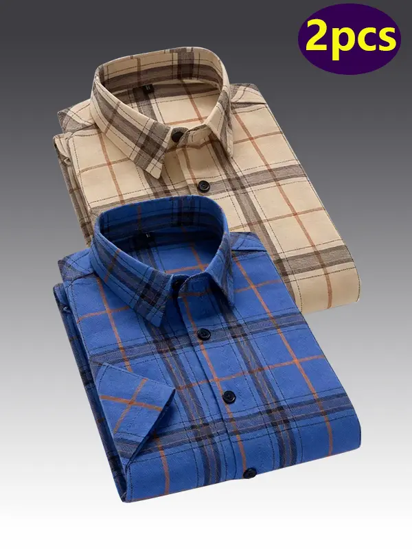 2-pack new men’s plaid short-sleeve shirts—classic check pattern with a loose, refined fit; comfortable and slimming to wear; versatile summer tops for everyday commuting and home wear.