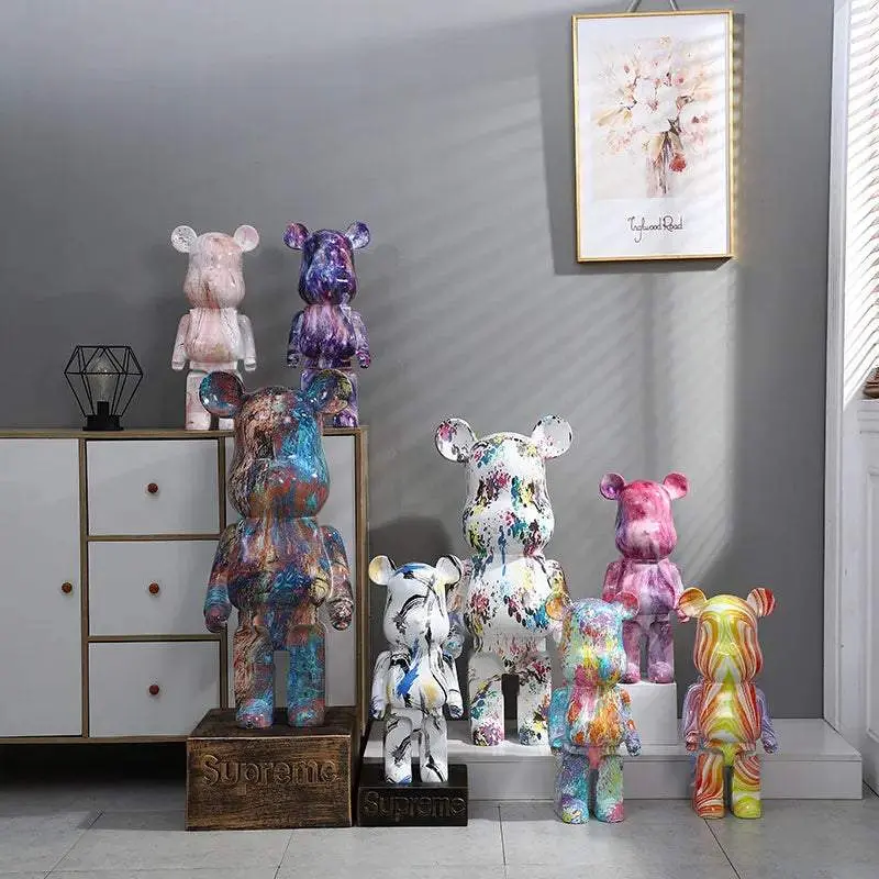 Mo-Stache Living 28CM Cartoon Bear Statues Figurines Korean Home Decor Modern Living Room Decoration Nordic Shelf Statue Ornaments Sculpture
