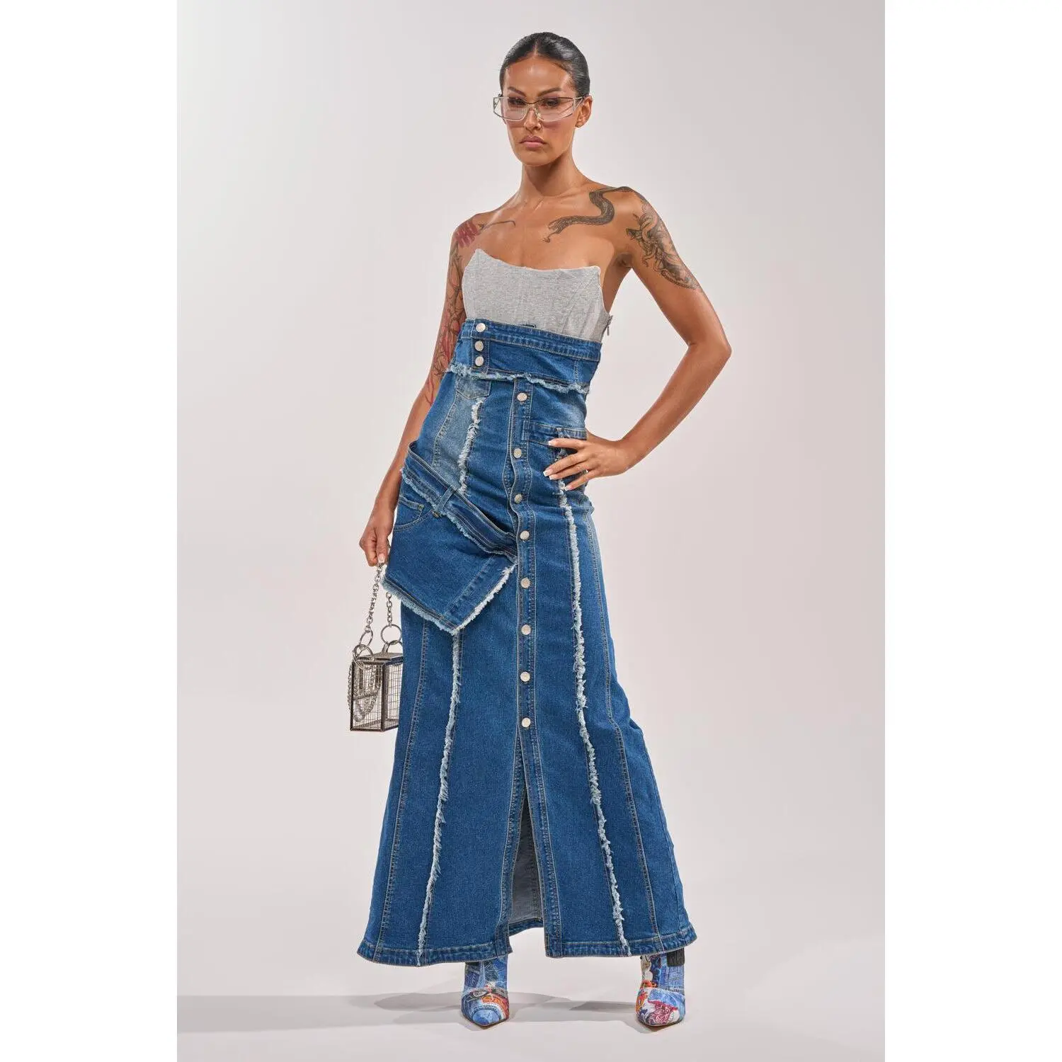 UP TO NO GOOD DISTRESSED DENIM MAXI DRESS