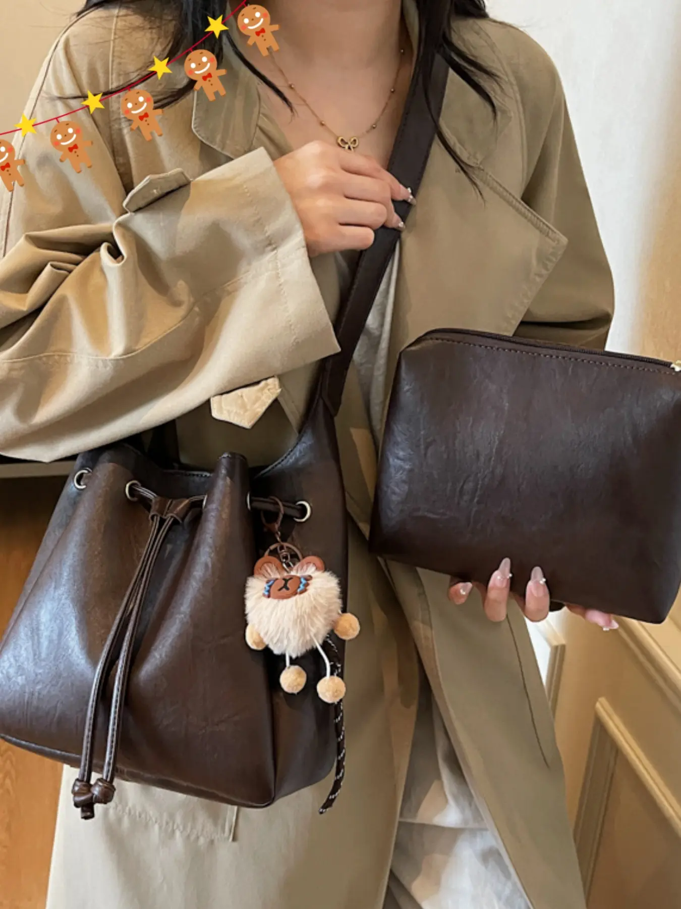 Christmas & Autumn Winter New Vintage Style Large Capacity Drawstring Bucket Bag, Commuter Crossbody Shoulder Handbag with Pendant, Stylish Crossbody Bag, Crossbody Fashion Bag