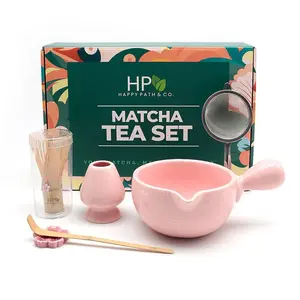 HAPPY PATH & CO Matcha Whisk Set | 6 Pcs Matcha Tea Set Includes Bamboo Whisk(Chasen) with Holder & Bowl with Spout, Sifter, Scoop & Stand - Perfect Matcha Kit Set for Matcha Lovers (Pink Blossom)