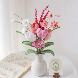 Crochet Flower Bouquet, Tulip, Lavender Knitted Flowers, Handmade Floral Gift for Mother, Graduation, Home Decor, Custom Flower Arrangement