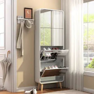 DOMISO Mirror Shoe Cabinet with Full Length Mirror in 4 Doors Arc Mirror Shoe Organization Cheval Mirror Shoe Cabinet