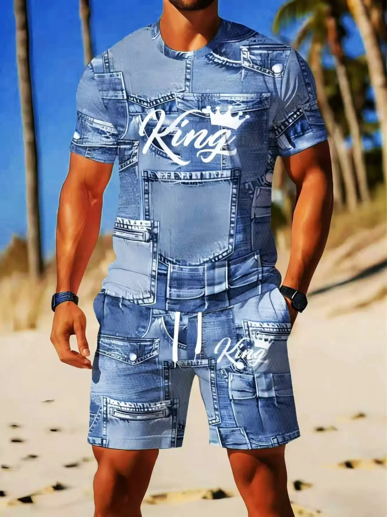 Men's Denim-Style Printed Tropical Short Sleeve Top Set, Summer Casual Sporty Two-Piece, Outfits, Trendy Fashion Men's Clothing