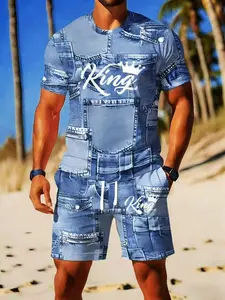 Men's Denim-Style Printed Short Sleeve Set, Summer Casual Sporty Two-Piece, Trendy Fashion Men's Clothing
