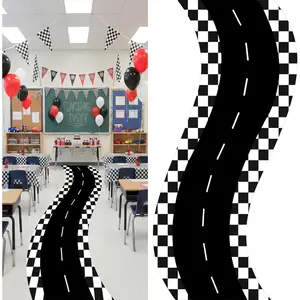 Racing Car Party Decorations 3x9.8 Ft Racetrack Floor Runner Polyester Race Cars Road Mat Aisle Runner Carpet for Two Fast Birthday Plaid