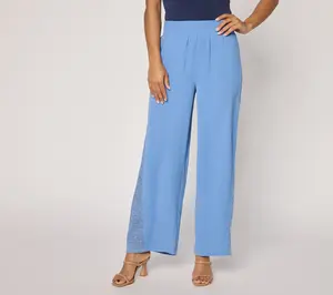 Susan Graver Weekend Regular Stretch Woven Wide Leg Pants with Lace